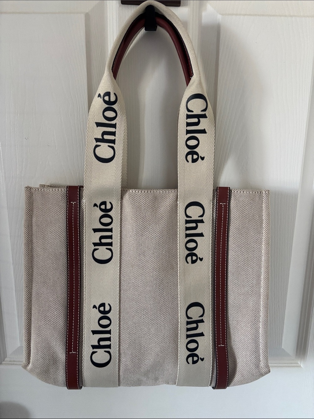Chloé Beige Canvas Logo Tote with Burgundy Trim woody tote